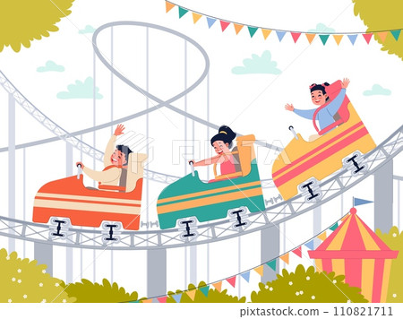 Happy kids in amusement park. Smiling children have fun on roller coaster, cute little boys and girls on ride. Attraction cars. Splendid cartoon isolated illustration, vector entertainment concept 110821711
