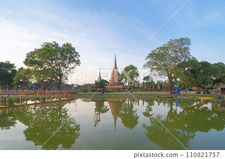 Sukhothai Historical Park festival, buddha pagoda stupa in a temple, Sukhothai, Thailand. Thai buddhist temple architecture. Tourist attraction. 110821757