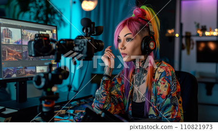 AI-generated content. Colorful-haired Woman Working on Computer 110821973