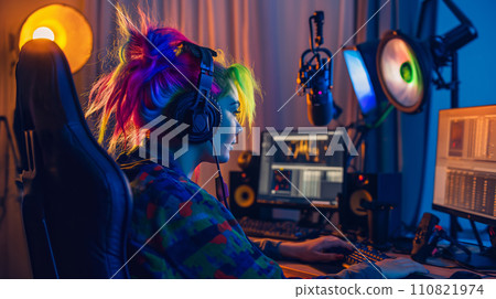 AI-generated content. Colorful-haired Woman Working on Computer 110821974