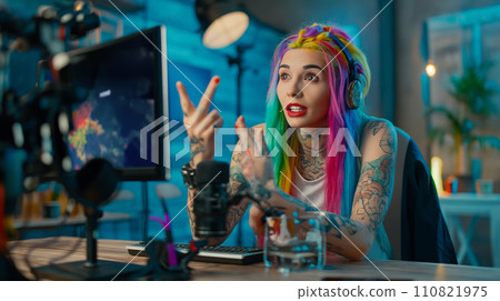AI-generated content. Colorful-haired Woman Working on Computer 110821975