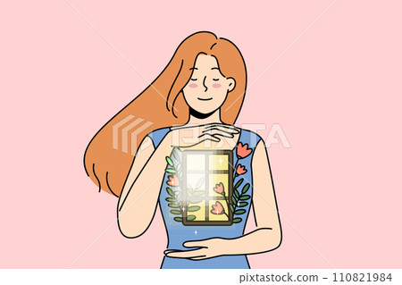 Positive woman demonstrates purity of soul and absence of sins, holding window with flowers in hands Positive woman demonstrates purity of soul and absence of sins, holding window with flowers in hands 110821984