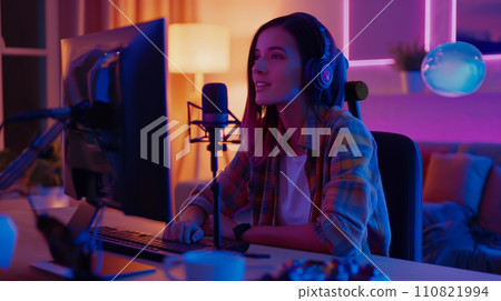 AI-generated content. Woman Streamer Vlogger with Headphones Setup 110821994