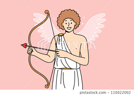 Smiling cherub with cupid bow and arrow, congratulates on valentine day and calls for love Smiling cherub with cupid bow and arrow, congratulates on valentine day and calls for love 110822002