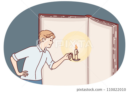 Inquisitive man with candle illuminates pages giant book in effort to gain knowledge. Vector image Inquisitive man with candle illuminates pages giant book in effort to gain knowledge. Vector image 110822010