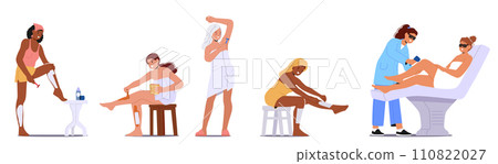 Women Engage In Hair Removal Procedures Waxing, Shaving, Using Depilatory Creams or Apply Laser Epilation in Salon Women Engage In Hair Removal Procedures Waxing, Shaving, Using Depilatory Creams or Apply Laser Epilation in Salon 110822027