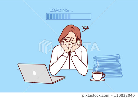 Slow woman office worker sleeping at workplace with laptop and papers due to lack of energy Slow woman office worker sleeping at workplace with laptop and papers due to lack of energy 110822040