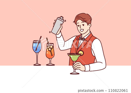Man bartender prepares cocktail with addition alcohol and syrup with ice, inviting guests to party Man bartender prepares cocktail with addition alcohol and syrup with ice, inviting guests to party 110822061