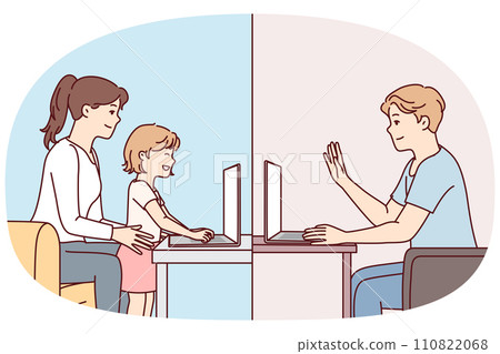 Family communicates via video call using laptop for video calls over Internet. Vector image 110822068