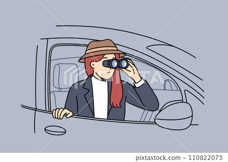 Woman detective secretly spies on boyfriend, looking out of car with binoculars in hands 110822073