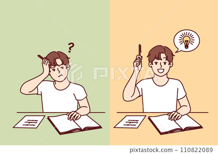 Progress schoolboy diligently doing assignments, sitting at school desk and becoming smarter 110822089