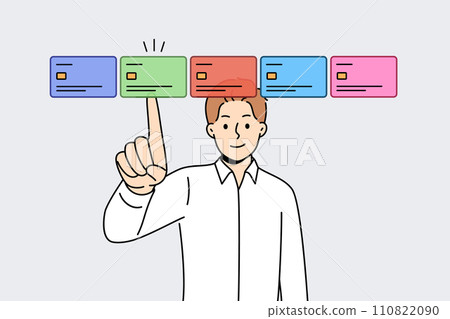 Man selects credit card on virtual screen, wanting to make cashless payments in application Man selects credit card on virtual screen, wanting to make cashless payments in application 110822090