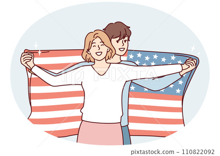 Friendly couple of man and woman posing with USA flag demonstrating patriotism. Vector image Friendly couple of man and woman posing with USA flag demonstrating patriotism. Vector image 110822092