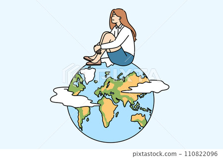 Woman is thinking about emigration and moving to another country, sitting on globe 110822096