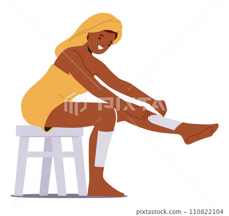Woman Undergoes A Leg Waxing Procedure, Removing Unwanted Hair For Smoother Skin. Female Character Applying Warm Wax Woman Undergoes A Leg Waxing Procedure, Removing Unwanted Hair For Smoother Skin. Female Character Applying Warm Wax 110822104