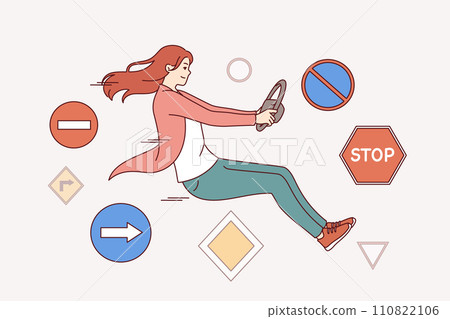 Woman driver violates traffic rules sitting in invisible car among warning road signs Woman driver violates traffic rules sitting in invisible car among warning road signs 110822106