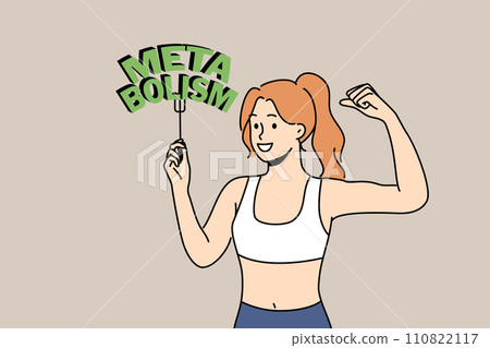 Slender woman with inscription metabolism is proud of own figure obtained through diet Slender woman with inscription metabolism is proud of own figure obtained through diet 110822117