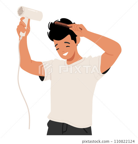 Meticulous Man Character Crafting His Style, Deftly Wielding A Comb And Dryer, Sculpting A Polished Hairstyle 110822124
