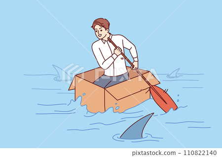 Brave business man shows no fear, overcoming crisis and floating in box in river with sharks Brave business man shows no fear, overcoming crisis and floating in box in river with sharks 110822140
