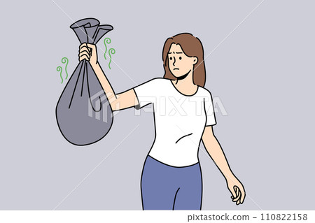 Woman with bag smelly garbage, carries waste into trash can and feels disgusted because of bad smell Woman with bag smelly garbage, carries waste into trash can and feels disgusted because of bad smell 110822158