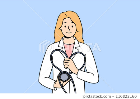 Woman doctor with stethoscope in hands, urging to undergo preventive medical examination in clinic 110822160