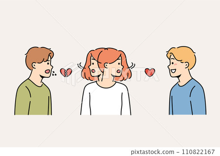 Teenage girl is caught in love triangle and is shaking head, choosing between two boyfriends Teenage girl is caught in love triangle and is shaking head, choosing between two boyfriends 110822167