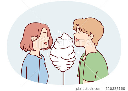 Boy and girl with cotton candy, smiling eat street dessert bought during walk together. Vector image 110822168