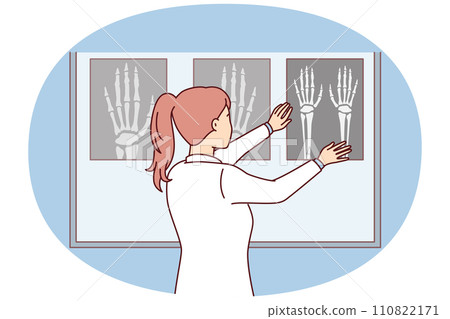 Woman surgeon applies X-ray of hand to luminous board to see sites of bone fracture. Vector image 110822171