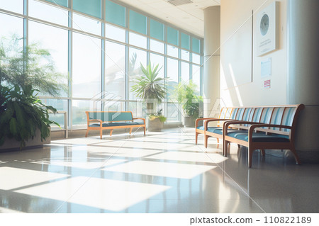Spacious light hospital lobby interior, no people. AI generated. 110822189