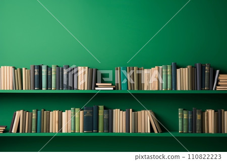 Books on the shelves on green background with copy space. AI generated. 110822223