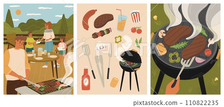 Barbeque party scene set with happy people cooking meat outdoors 110822235