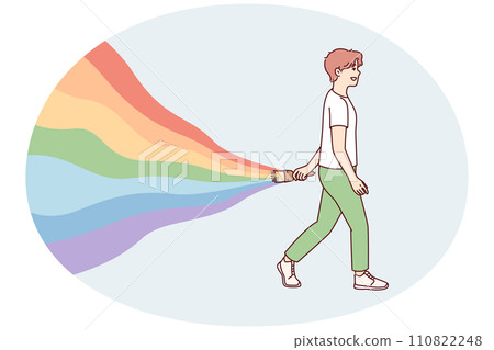 Young guy walks leaving behind rainbow symbolizes carelessness and positive attitude. Vector image Young guy walks leaving behind rainbow symbolizes carelessness and positive attitude. Vector image 110822248
