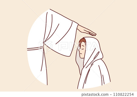 Religious ritual with initiation of boy into brotherhood, and hand of apostle above child head Religious ritual with initiation of boy into brotherhood, and hand of apostle above child head 110822254