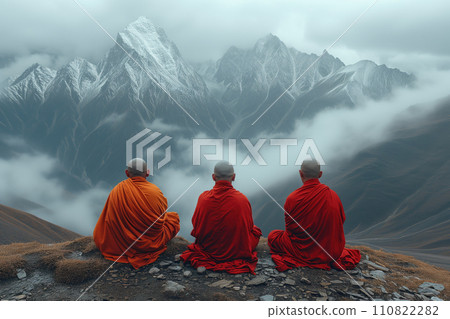 three Buddhist monks meditate while sitting in the mountains 110822282