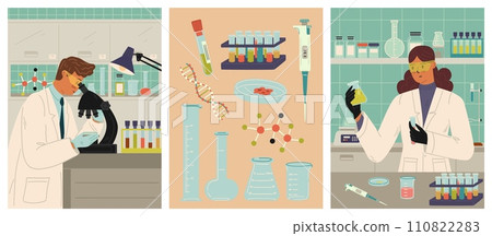 Scientist researchers working at laboratory vector scene 110822283