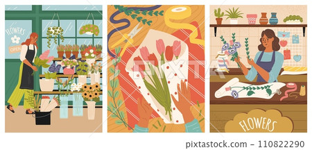 Woman florist caring for plants cards template set 110822290