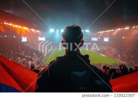 AI-generated content. Soccer fan or football fan with flag at cheering while winning match. Generative AI 110822307