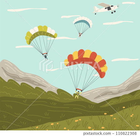 Skydiving scene with extreme sport lovers jumping from plane with parachute Skydiving scene with extreme sport lovers jumping from plane with parachute 110822308