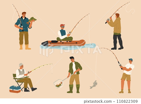 Isolated set of fisherman characters with spinning rod catching fish 110822309