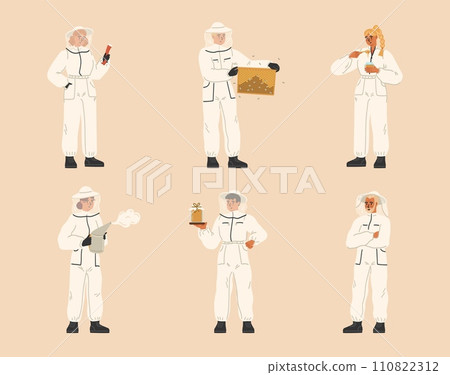 Isolated set of hiver characters wearing bee protection suit 110822312