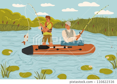 Senior father and adult son enjoying fishing hobby time together 110822316