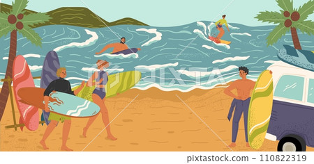 People rest on seaside enjoying surfing water activities People rest on seaside enjoying surfing water activities 110822319