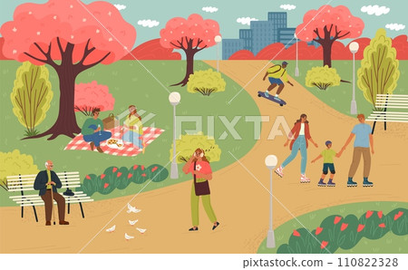 Crowd of people different age walking in spring park vector illustration 110822328