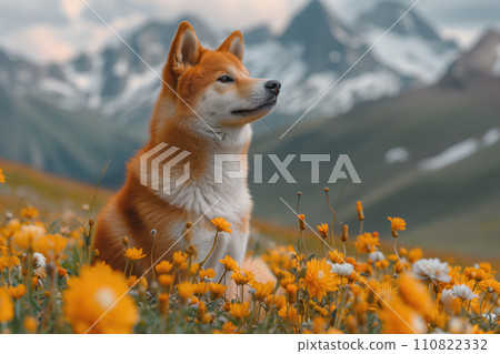 Shiba Inu dog contemplates on a blooming alpine meadow Shiba Inu dog contemplates on a blooming alpine meadow 110822332