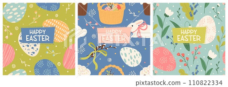 Happy Easter greeting card square template isolated set Happy Easter greeting card square template isolated set 110822334