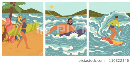 Happy people tourist surfing enjoying beach activities scene set Happy people tourist surfing enjoying beach activities scene set 110822346