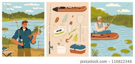 Fishing scene set with man catching fish on inflatable boat or at river bank Fishing scene set with man catching fish on inflatable boat or at river bank 110822348