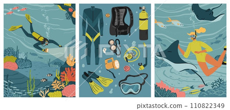 Diving with scuba gear and snorkeling mask scene set Diving with scuba gear and snorkeling mask scene set 110822349
