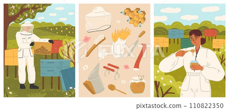 Hiver or beekeeper in uniform at apiary vector scene set Hiver or beekeeper in uniform at apiary vector scene set 110822350