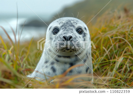 seal on the shore among the grass on the island 110822359